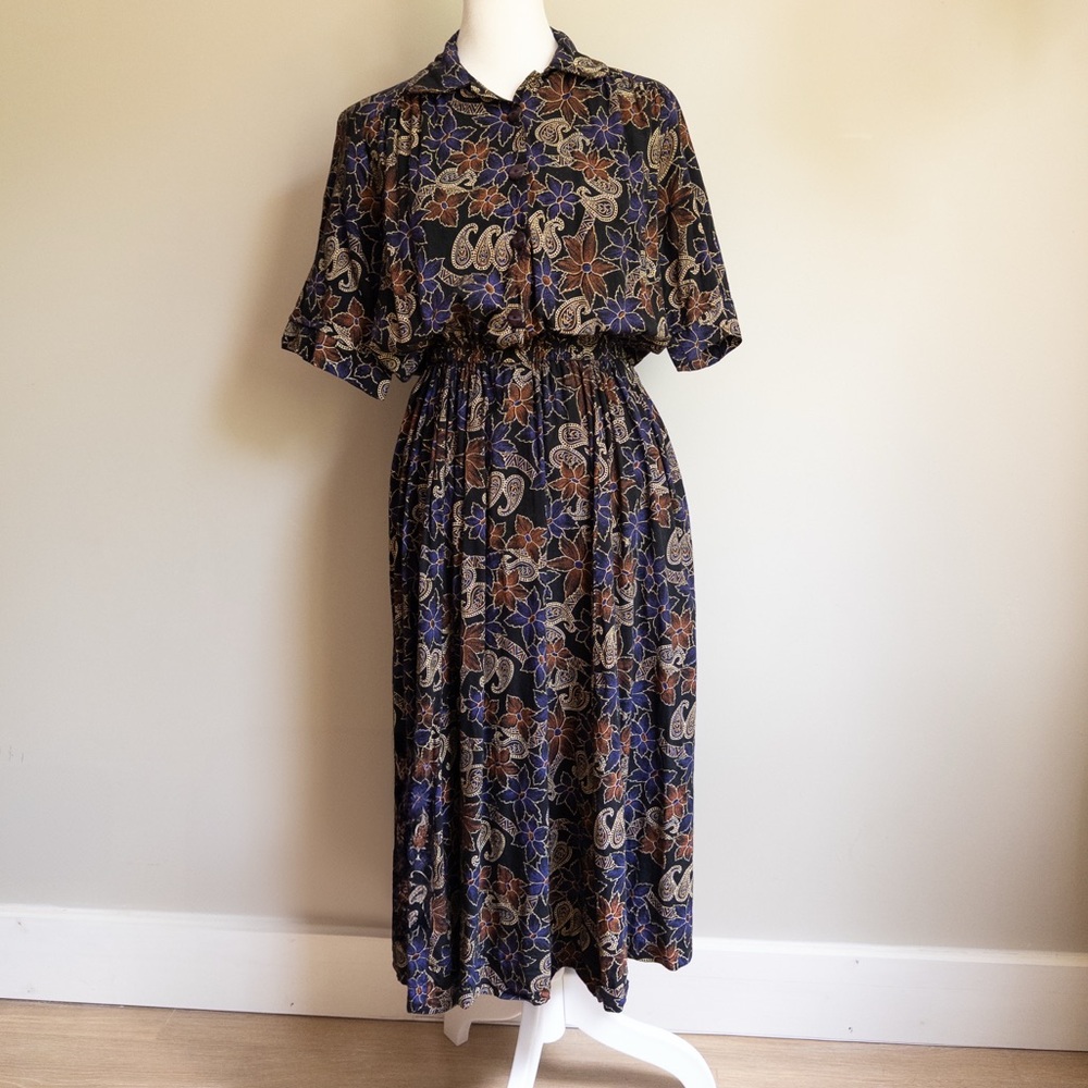 Vintage Early 1990’s Floral Print Handmade Midi Dress 100% Cotton Size M‎
